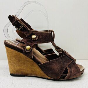 Moma Brown Suede Leather Wedges Sandals Heels TStrap Ankle Made in Italy Sz 38